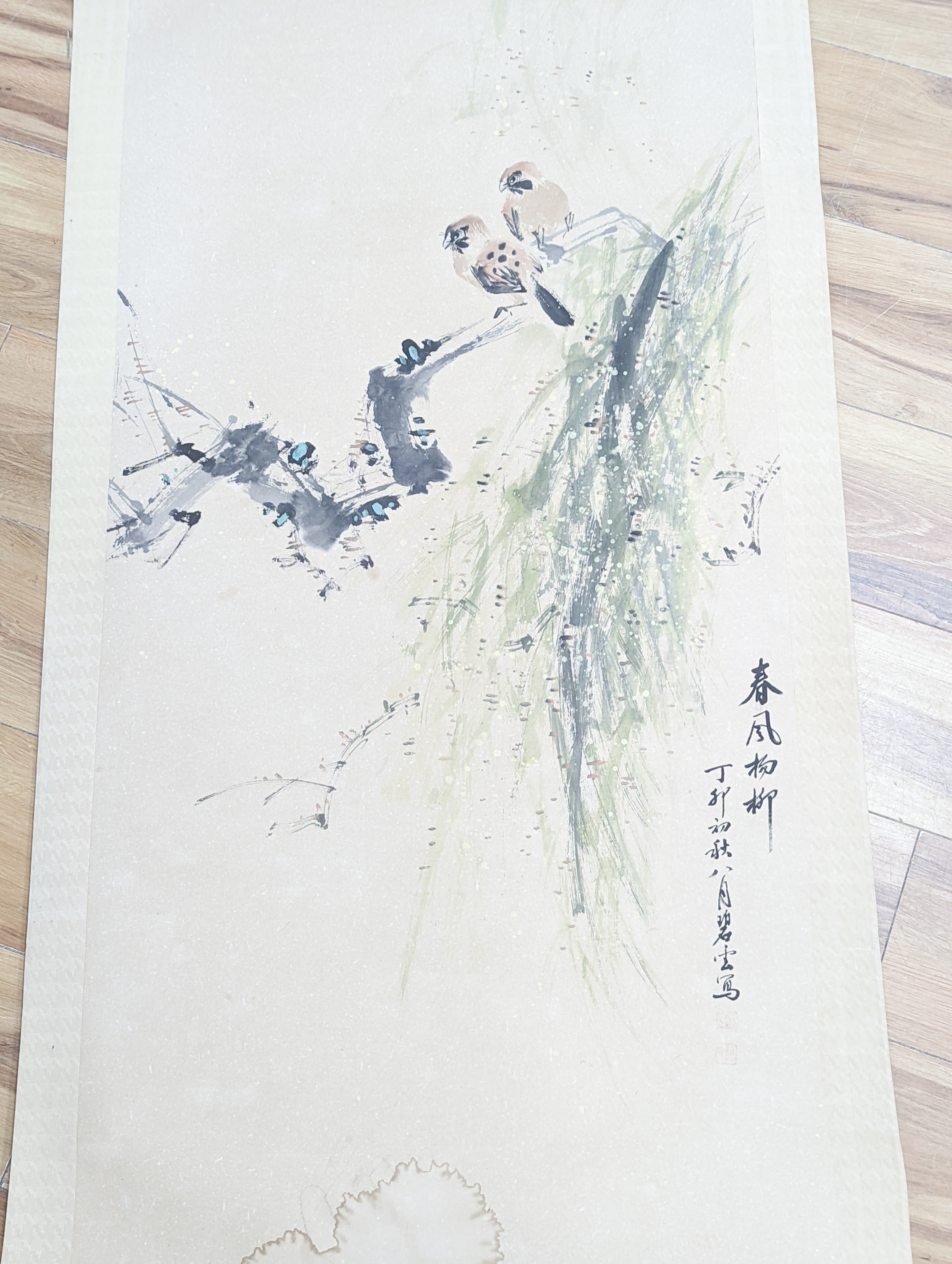 Two Chinese scrolls and a print, print 35 cms high x 11 cms wide